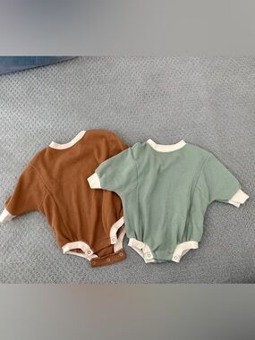 Cat & Jack Ribbed Romper One-Piece in Brown and Sage with Cream Trim